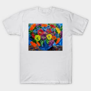 A beautiful bouquet of abstract flowers in a stunning vase on a table T-Shirt